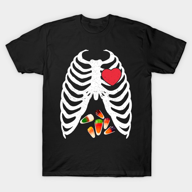 Halloween Skeleton Junk Food Belly Candy Corn T-Shirt by foxmqpo